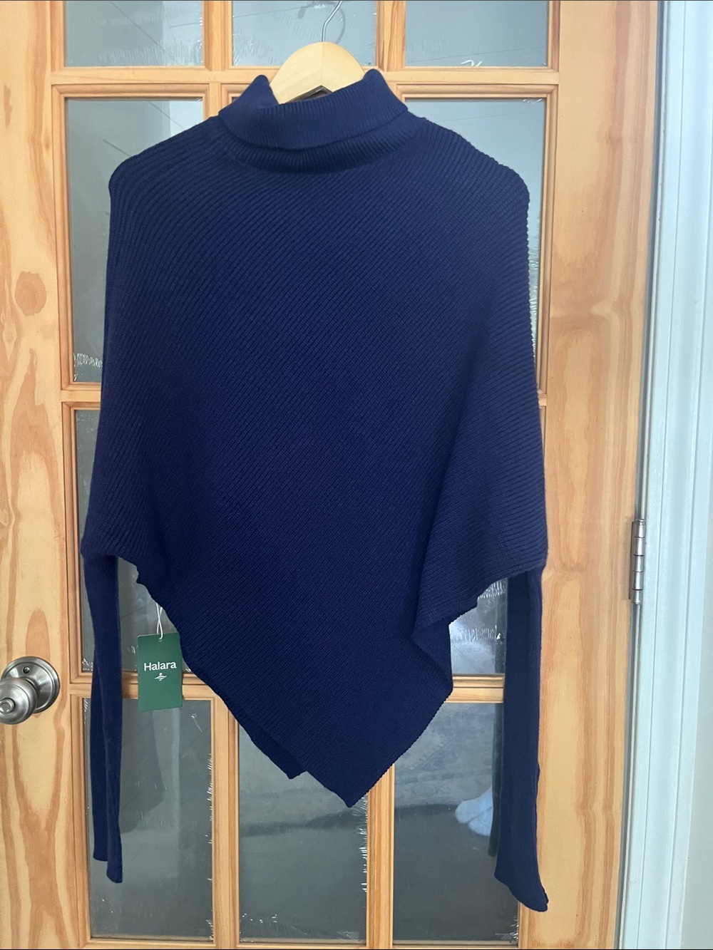 NWT Navy Blue Turtleneck Poncho Sweater Asymmetrical Hem Oversized Ribbed Knit